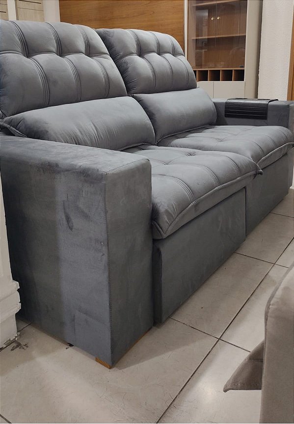 Retrátil e Reclinável Ilhéus 2.30m Molas Ensacadas + Molas Bonnel Veludo Cinza - Teixeira