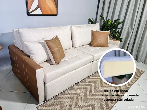 Sofá Cama D26 Mônaco 2.20m Com Almofadas Soltas Linho Bege