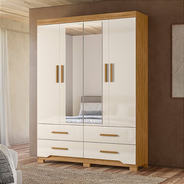 Roupeiro Miami 04 Portas 1.57m com Espelho, 04 Gavetas Externas Freijo/Off White - Moval