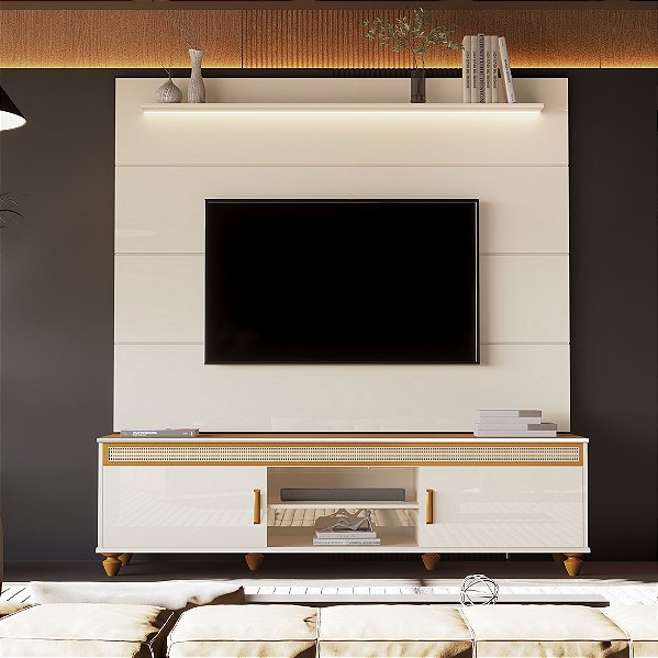Painel até 75″ Bliss + Rack Comodoro 1.8m 100% MDF Off White/Cedro - EDN Móveis