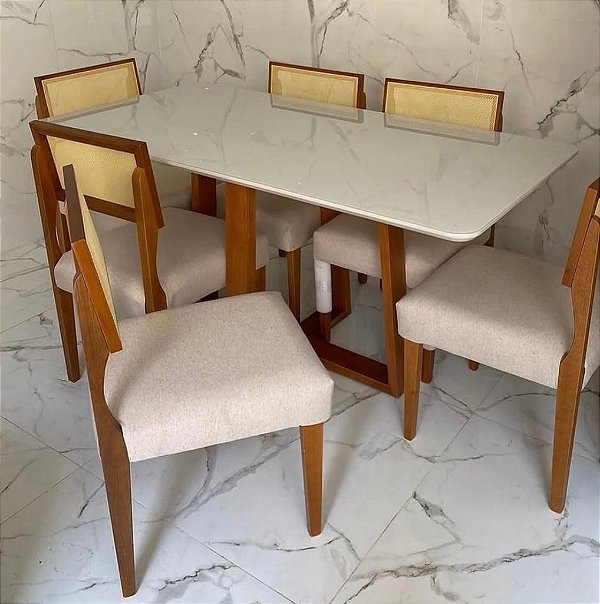 Mesa Pedro 160x80 Madeira Maciça, Tampo MDF/Vidro + 06 Cadeiras Grécia Madeira Maciça Linho Bege