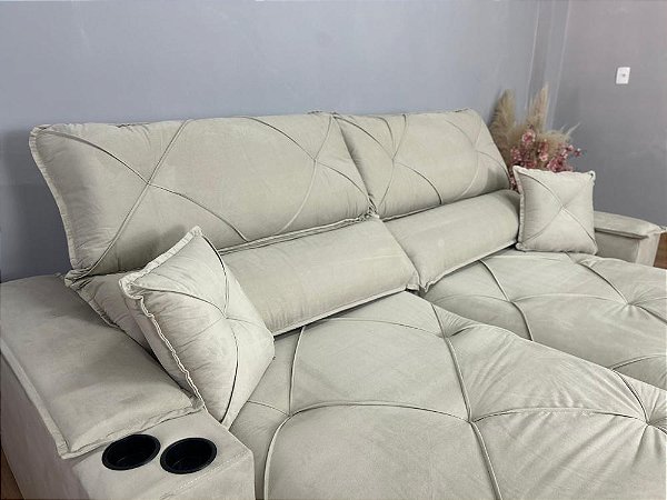 Retrátil e Reclinável Milano Molas Ensacadas 2.50m Com Porta Copos  Bege Veludo