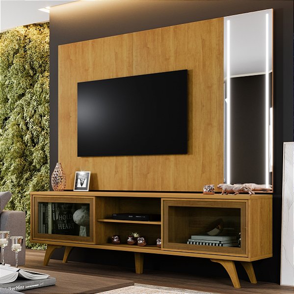 Rack com Painel Vitrum 100% MDF com Espelho e Led 2.18m Tv até 75" Naturale - Mavaular