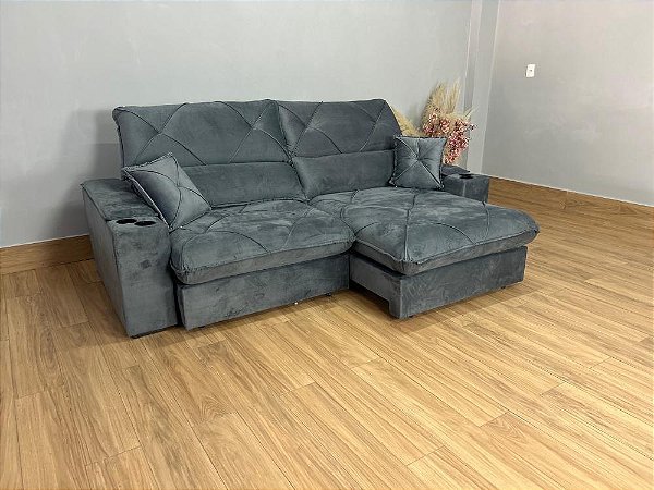 Retrátil e Reclinável Milano Molas Ensacadas 2.50m Com Porta Copos  Veludo Cinza