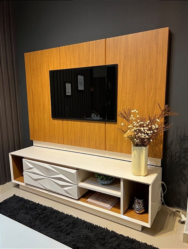 Bancada com Painel Luigi 2.00m Tv até 75″ – DJ Móveis – Off White / Freijó