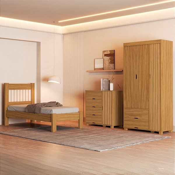 Roupeiro Bela 03 Portas + Cômoda com Sapateira + Cama de Solteiro