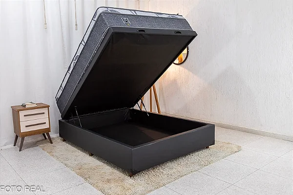 Box Baú Casal Eli Korino Preto Blindado + Colchão Casal Madrid Euro Molas Ensacadas 138x188x33 Umaflex