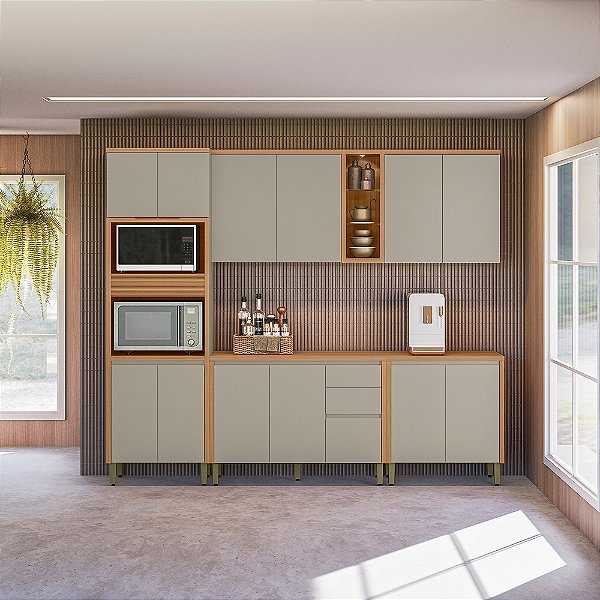 Cozinha Allure 100% MDF 2.70m Jequitibá/Gris Fosco - Linea Brasil