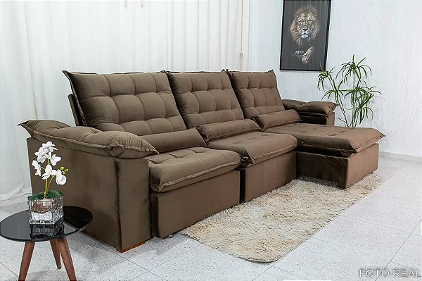 Sofá Retrátil Reclinável Emanuelly Veludo Marrom 19 Larg. 3.20m - D28 Soft