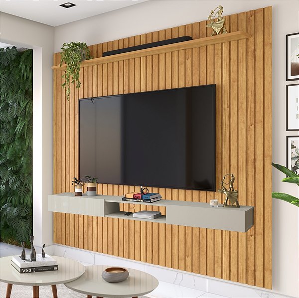 Painel Ripado até 55″ Impacto 1.4 Cinamono + Nicho Impacto 1.2 Off White - Patrimar