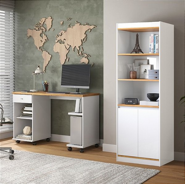 Mesa para Computador Million + Armário Multiuso Encanto Branco/Cinamono - Patrimar