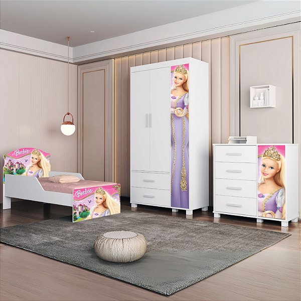 Guarda-Roupa 4 Portas Lívia + Cômoda Lívia + Mini Cama Juvenil Lívia (Menina) Barbie 404189  100% MDF