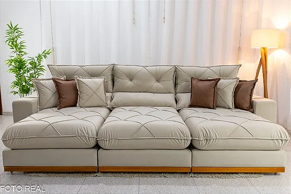 Retrátil Reclinável Gran Bello 3.20m Veludo Bege - D33 e Molas Ensacadas