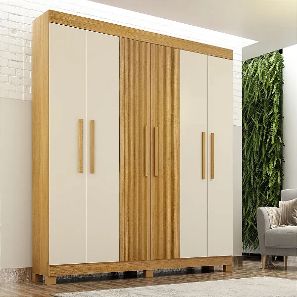 Roupeiro Andorinha Frisado 100% MDF 06 Portas e 02 gavetas 1.85m  Cinamomo/Off White- Valdemoveis