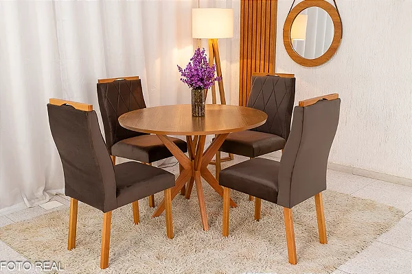 Mesa de Jantar Simpatia Tampo Redondo 108×108 Cinamomo 4 Cad. Lisboa Veludo Marrom 509 Madeira Maciça