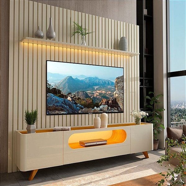Painel Nobre 230 Off White + Rack Nobre 210 (Pés de Madeira) Off White/Naturale
