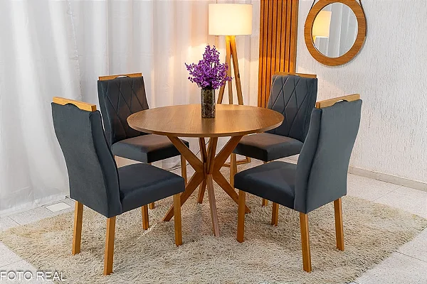 Mesa de Jantar Simpatia Tampo Redondo 108×108 Cinamomo 4 Cad. Lisboa Veludo Cinza  507 Madeira Maciça