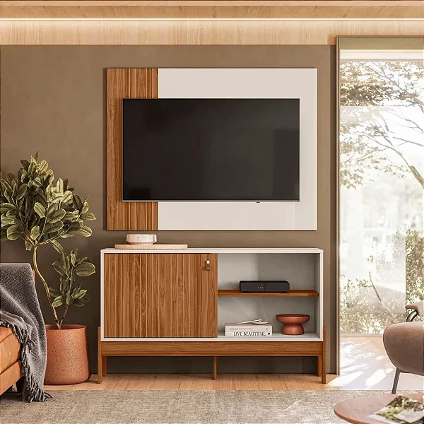 Rack e Painel Wood Larg. 1.20m Tv 42 Pérola Metalizada-Cinamomo Mel -Mobler