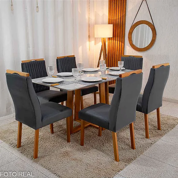 Mesa Pedro Mel Vidro OFF 160×80 6 Cadeiras Genova Madeira Maciça - Art Assento