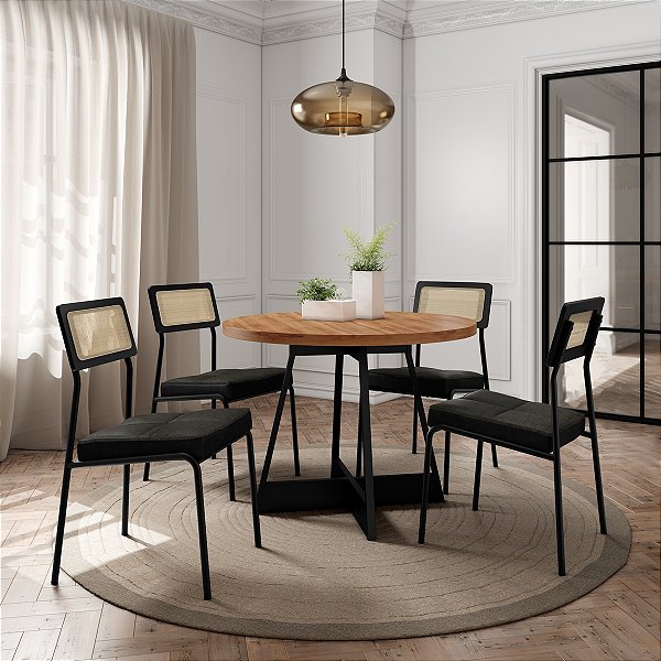 Mesa Átria 1594 Redonda 100 Preto/Nogal com 4 Cadeiras Lux 1741 Preto/Linho Grafite/Corino Preto - Carraro