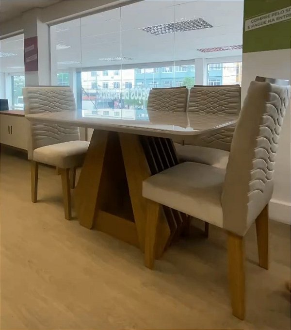 Mesa de Jantar Agata Vidro130x80cm 4 Cadeiras Cimol  Natura Off White Nude