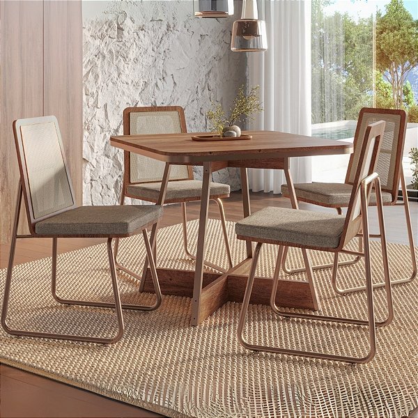 Mesa Átria 1593 Quadrada 90 Rosê Cobre/Nogal Freijó com 4 Cadeiras Wood 1751 Rosê Cobre/Areia/Freijó