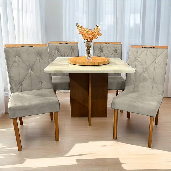 Mesa Salinas 120x80 Vidro Cinamomo/Off White com 4 Cadeiras Yasmim Veludo