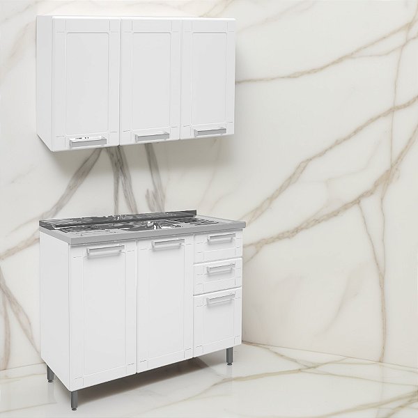 Armário Aéreo 3 Portas  + Balcão 2 Gavetas + Tampo Inox Múltipla Branco - Bertolini