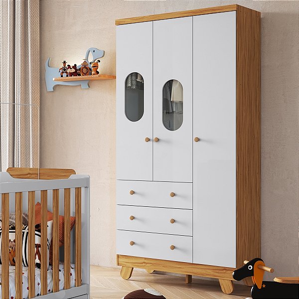 Guarda-Roupa 3 Portas Pingo Amêndoa/Branco Brilho - Peroba Moveis