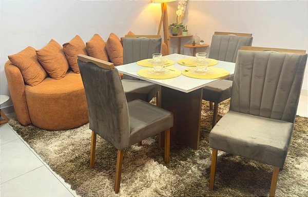 Mesa Los Angeles 90x90 Vidro Off White com 04 Cadeiras Rubi