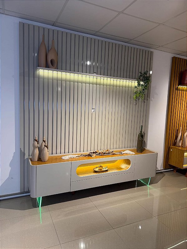 Rack com Painel Nobre Pés em Vidro Tv até 85" Off White - Gelius