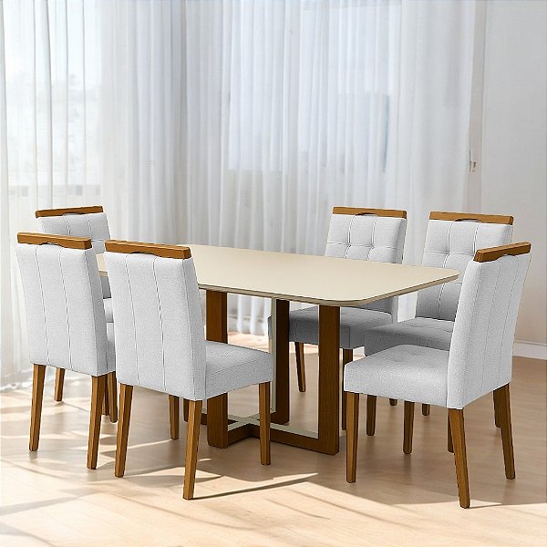Mesa Atlas Mel/Off White Canto Copo 160×80 com 6 Cadeiras Sophia Linho Cinza Prata