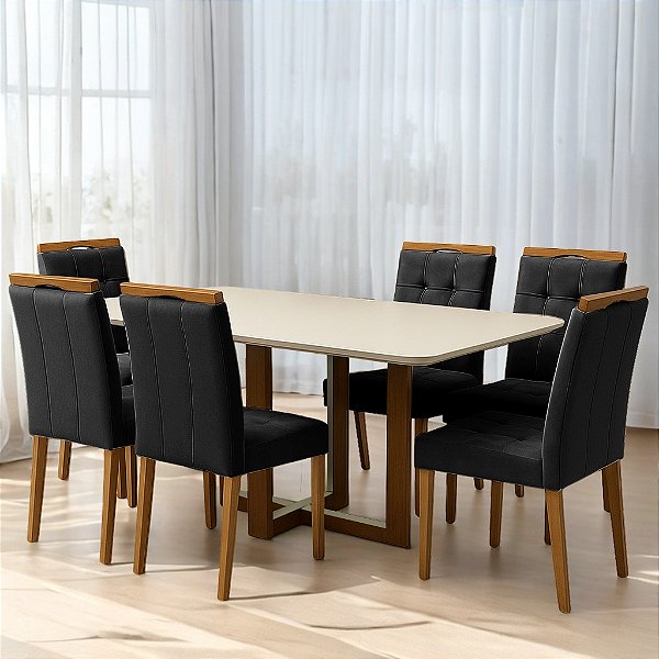 Mesa Atlas Mel/Off White Canto Copo 160×80 com 6 Cadeiras Sophia Veludo Preto