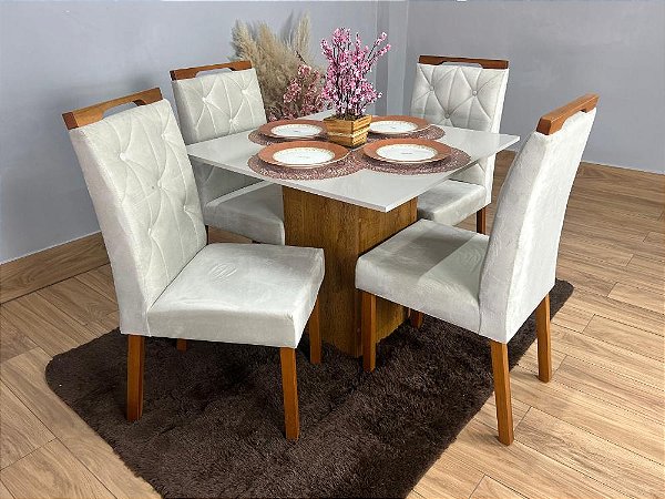 Mesa de Jantar Dakota Plus 90×90 c/ 4 Cadeiras Jasmim – Cinamomo/Off White/Bege Veludo