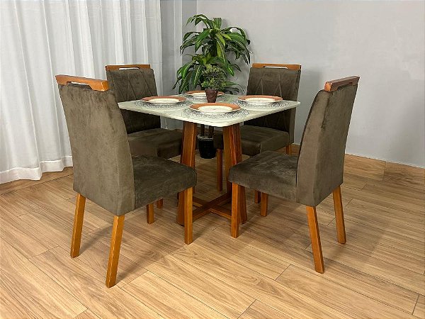 Mesa de Jantar Bali 90×90 Com 4 Cadeiras Isa – Cinamomo/Off White/Marrom Veludo