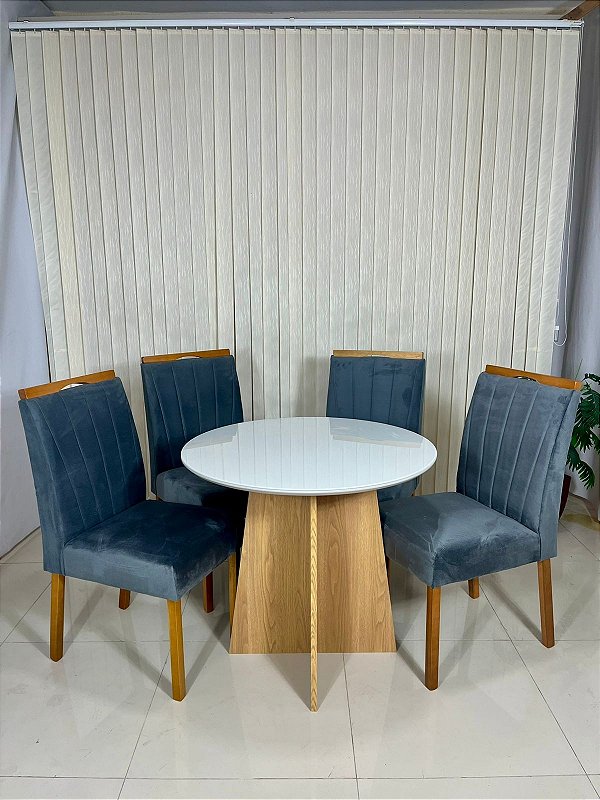 Mesa Narnia Tampo Vidro Redondo 90cm + 04 Cadeiras Rubi - Carvalho Decor