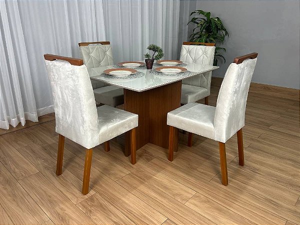 Mesa Helo 120x90 Tampo Vidro + 04 Cadeiras Jasmim