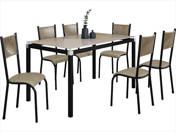 Conjunto Mesa Metalon 140x75 Preto com Tampo Vidro Off+ 06 Cadeiras Mariana - Paonanda