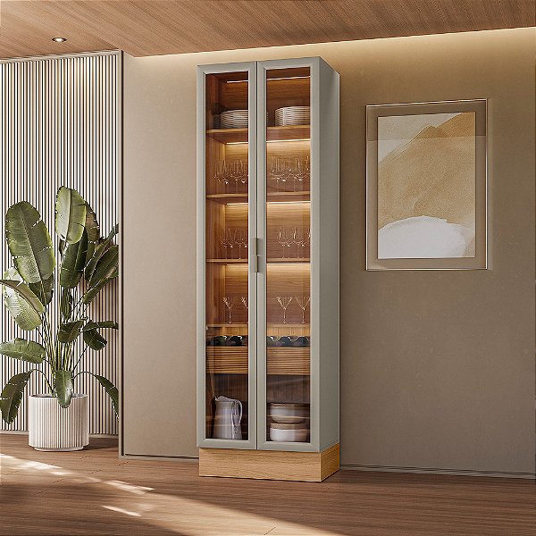 Cristaleira Allure 70cm 100% MDF com Led e Rodapé Jequitibá/Gris Fosco - Linea Brasil