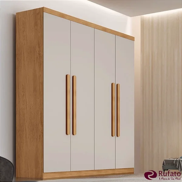 Roupeiro Império 4 Portas 3 Gavetas Larg. 1.80m 100% MDF Nature/Off White - Rufato