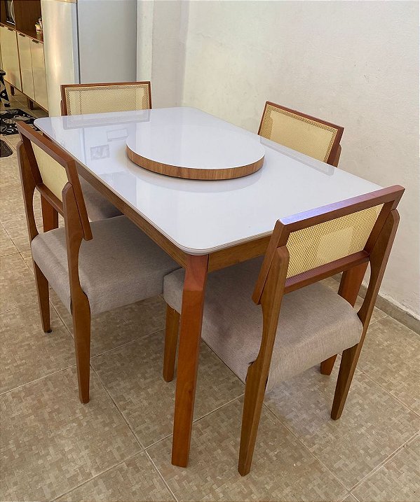 Mesa Alegra 120x80 Tampo Vidro Off White + 04 Cadeiras Grécia Madeira Maciça