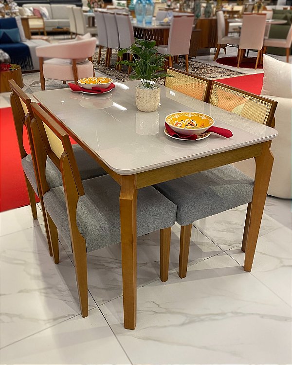 Mesa Alegra 120x80 Tampo Vidro Off White + 04 Cadeiras Grécia Madeira Maciça