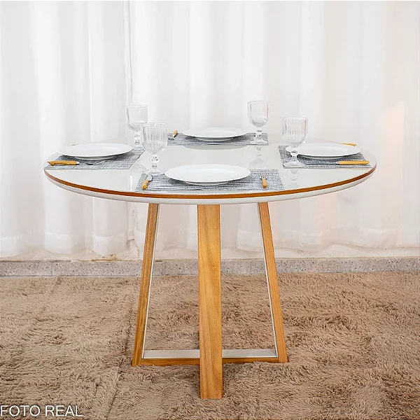 Mesa de Jantar Atlanta Tampo Redondo Vidro Off 120x120 Cinamomo/Off 100% MDF - Minas Plac