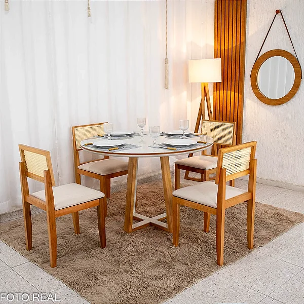 Mesa de Jantar Atlanta Cinamomo/Off Tampo Redondo Vidro Off 120x120 4 Santorini Linho Bege Madeira Maciça - Minas Plac