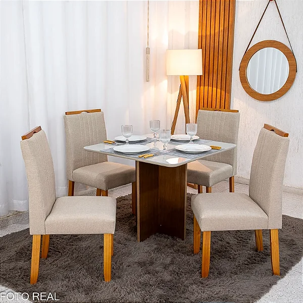 Mesa de Jantar Moscou 90x90 Cinamomo/Off Tampo Vidro Off 4 Cadeiras Atlanta Linho Bege Cru Madeira Maciça- Minas Plac