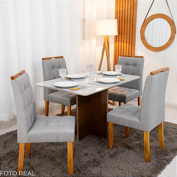 Mesa de Jantar Moscou 120x80 Cinamomo/Off Tampo Vidro Off 4 Cadeiras Londres  Madeira Maciça - Minas Plac