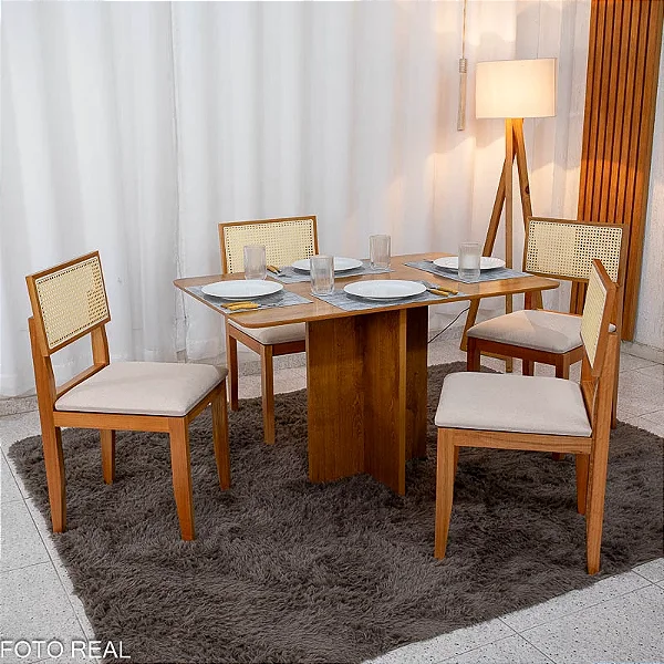 Mesa de Jantar Salina 120x80 Tampo Londres Cinamomo Cel Móveis + 4 Cad. Santorini Linho Bege Madeira - Minas Plac