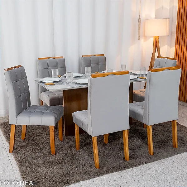 Mesa de Jantar Moscou 160x80 Vidro Off/Base Cinamomo + 6 Cad. Londres Madeira Minas Plac