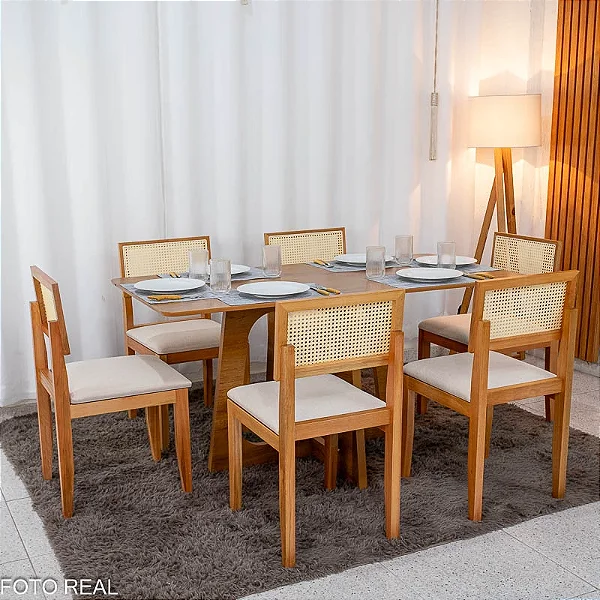 Mesa de Jantar Dubai 160x80 Tampo Londres Cinamomo Cel Móveis + 6 Cad. Santorini Linho Bege Madeira - Minas Plac