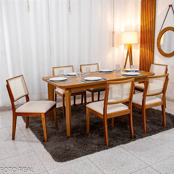 Mesa de Jantar Londrina 180x90 Cinamomo Rufato + 6 Cad. Dubai Linho Bege Madeira - Art Assento